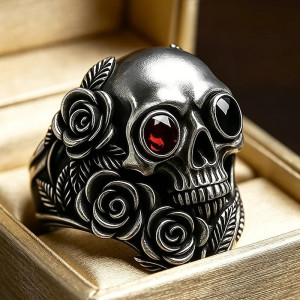 Magnifique Bague Tête de Mort Roses et Oeil Rubis
