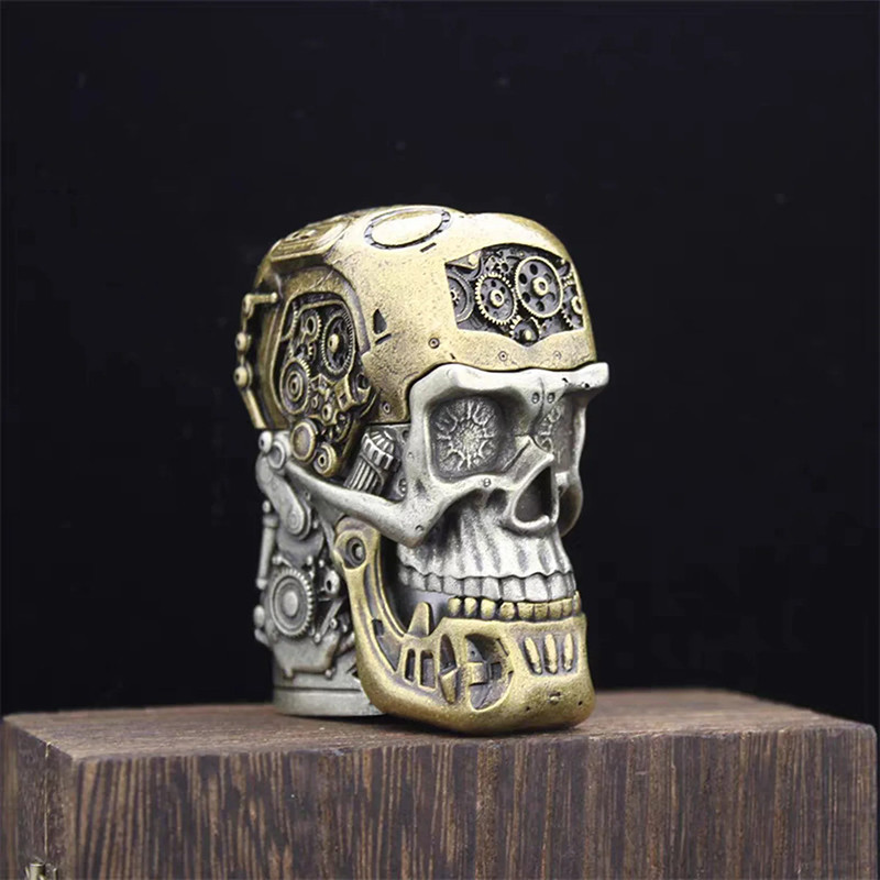 Vue de Face Briquet Tête de Mort Steampunk "Cyborg des Âges Mécaniques"