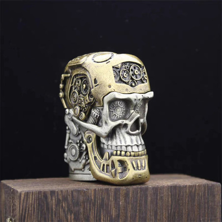 Vue de Face Briquet Tête de Mort Steampunk "Cyborg des Âges Mécaniques"