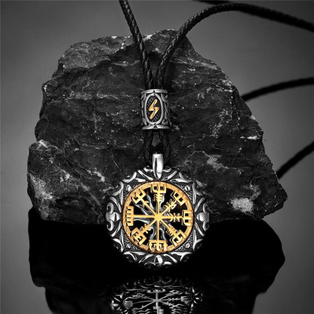Collier Viking Vegvisir Foudre du Navigateur Sacré Couleur Noir
