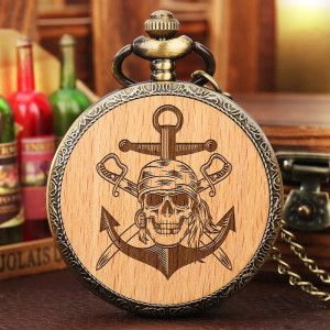 Montre à Gousset Tête de Mort Pirate en Bois