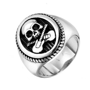 Bague Tête de Mort Guitares Électriques Couleur Argent