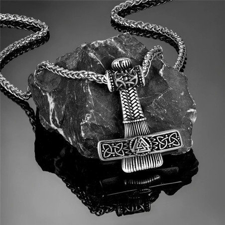 Collier Viking Marteau de Thor Valknut Gravé Modele 1 Couleur Argent