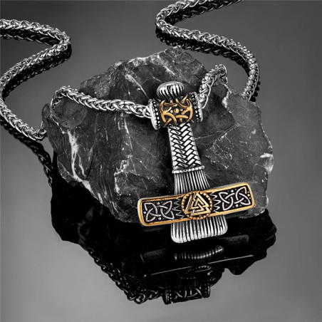 Collier Viking Marteau de Thor Valknut Gravé Modele 1 Couleur Or
