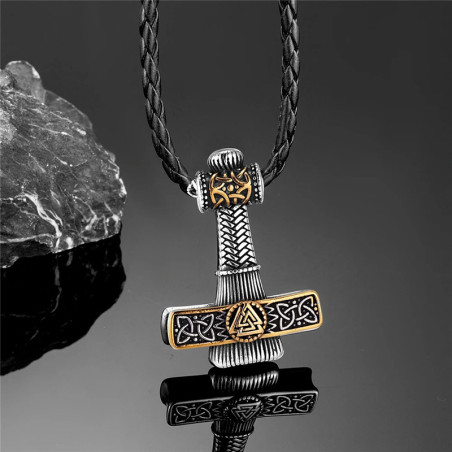 Collier Viking Marteau de Thor Valknut Gravé Modele 2 Couleur Or