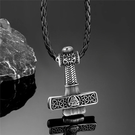 Collier Viking Marteau de Thor Valknut Gravé Modele 2 Couleur Argent