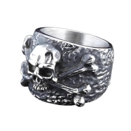Vue Laterale Bague Pirate Tête de Mort et Os Croisés