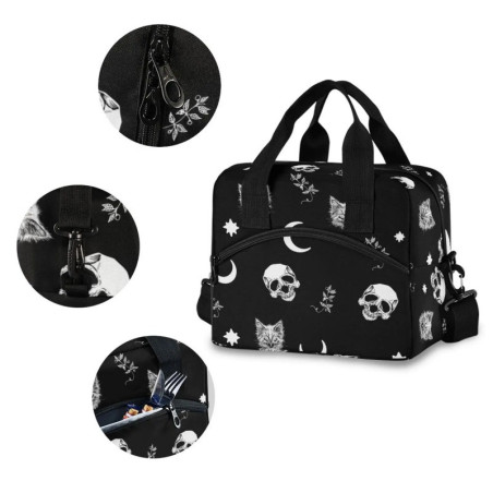 Vue detaille Sac Isotherme Tête de Mort Gothique "Nuit Lunaire Féline"