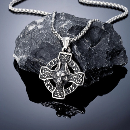 Collier Viking "Fenrir" Croix Islandaise de Protection et Tête de Loup Modele 1