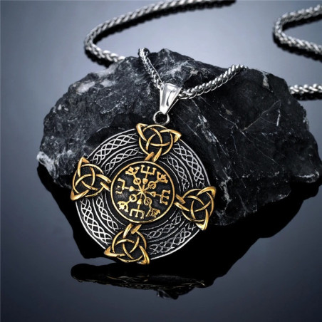 Collier Viking Pendentif Vegvísir - Boussole Nordique et Nœuds Celtiques Couleur Or