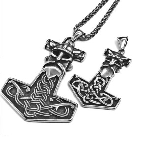 Collier Viking Pendentif Marteau de Thor Mjöllnir au Design Tête de Viking & Nœuds Celtiques