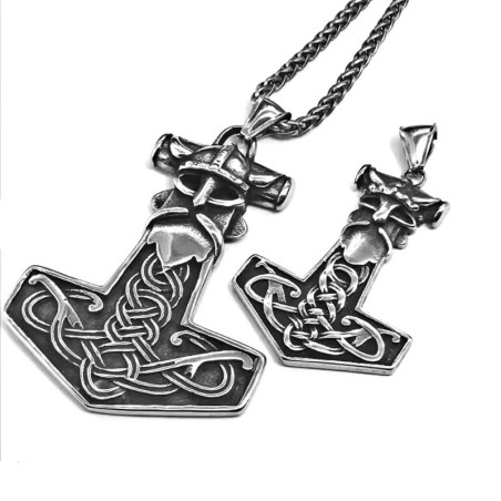 Collier Viking Pendentif Marteau de Thor Mjöllnir au Design Tête de Viking & Nœuds Celtiques