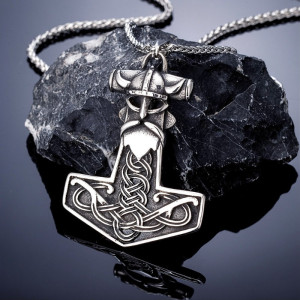 Avant Collier Viking Pendentif Marteau de Thor Mjöllnir au Design Tête de Viking & Nœuds Celtiques