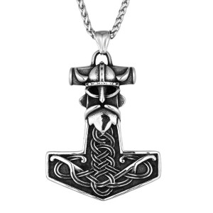 Collier Viking Penden1tif Marteau de Thor Mjöllnir au Design Tête de Viking & Nœuds Celtiques Modele 1