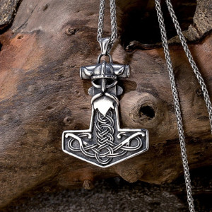 Collier Viking Pendentif Marteau de Thor Mjöllnir au Design Tête de Viking & Nœuds Celtiques