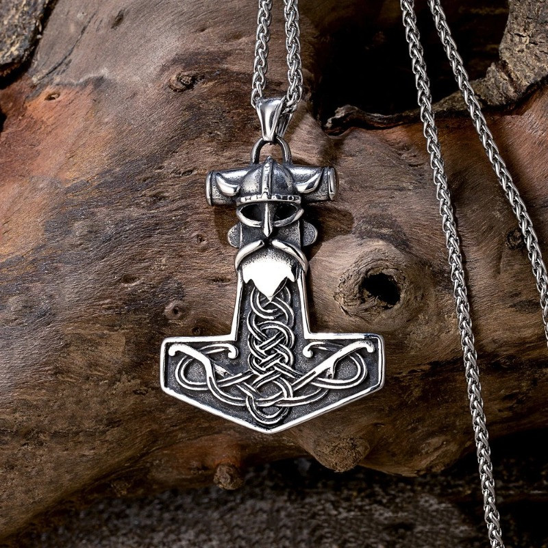 Collier Viking Pendentif Marteau de Thor Mjöllnir au Design Tête de Viking & Nœuds Celtiques
