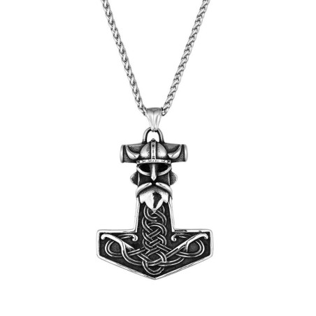 Collier Viking Pendentif Marteau de Thor Mjöllnir au Design Tête de Viking & Nœuds Celtiques Modele 2