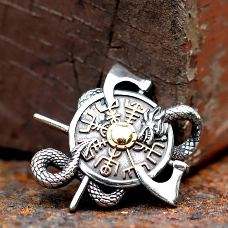 Vue de Cote Collier Viking Valknut "Nœuds de Runes Acier" - 2 couleurs au choix !