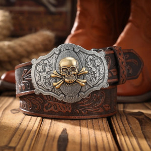 Ceinture Tête de Mort Western « Blason du Crâne Hors-la-Loi » Couleur Marron