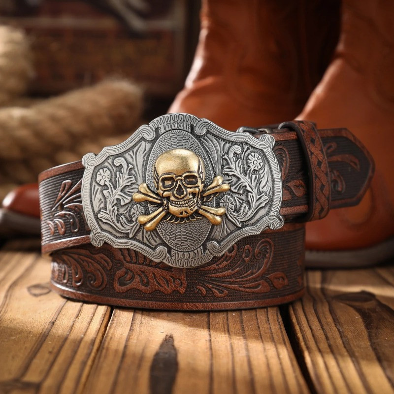 Ceinture Tête de Mort Western « Blason du Crâne Hors-la-Loi » Couleur Marron