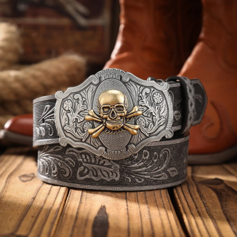 Ceinture Tête de Mort Western « Blason du Crâne Hors-la-Loi » Couleur Noir