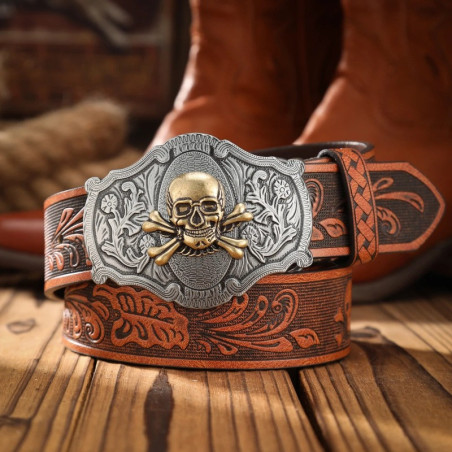 Ceinture Tête de Mort Western « Blason du Crâne Hors-la-Loi » Couleur Camel