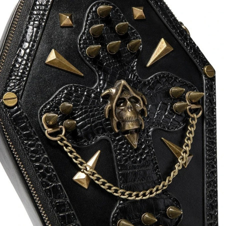 Vue detaille Sac Cercueil Tête de Mort Gothique "le sanctuaire des âmes indociles" - 2 couleurs au choix !