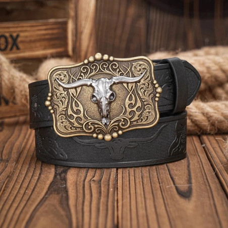 Ceinture Tête de Mort Western « Crâne Longhorn du Désert » Couleur Noir