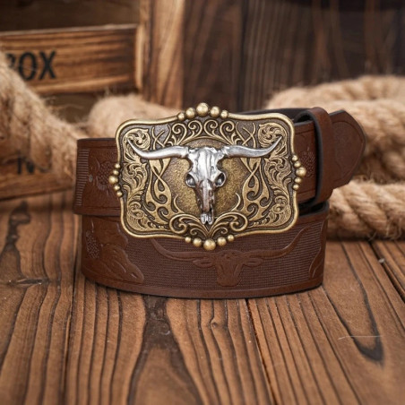 Ceinture Tête de Mort Western « Crâne Longhorn du Désert » Couleur Marron