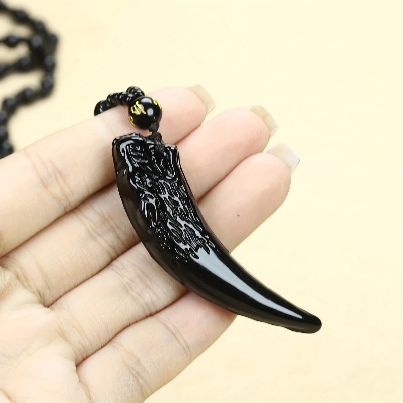 Avant Collier Viking Loup "Croc du Loup Noir" en Obsidienne Naturelle
