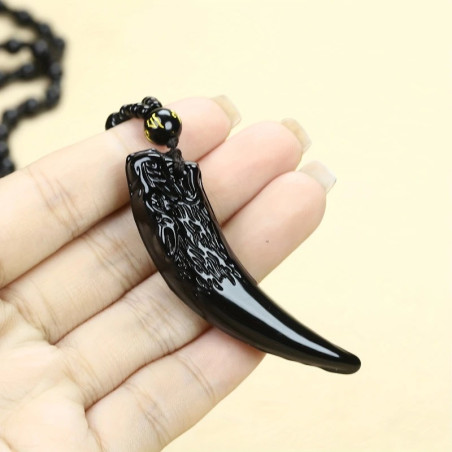 Avant Collier Viking Loup "Croc du Loup Noir" en Obsidienne Naturelle