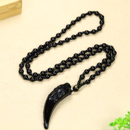 Collier Viking Loup "Croc du Loup Noir" en Obsidienne Naturelle