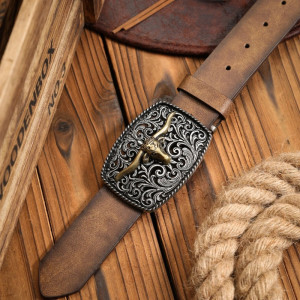 Ceinture Western Tête de Mort « Longhorn des Plaines Sauvages » Couleur camel