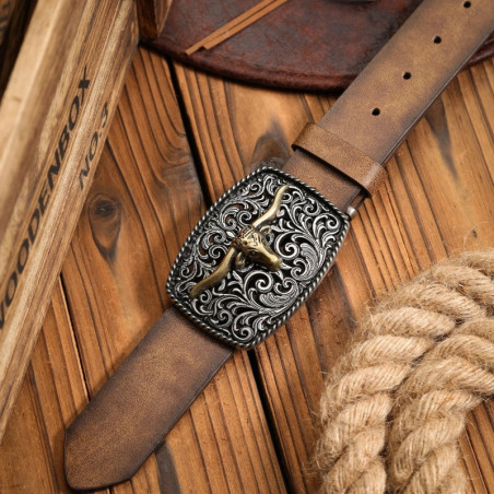Ceinture Western Tête de Mort « Longhorn des Plaines Sauvages » Couleur camel