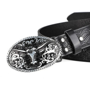 Vue detaiille Ceinture Western Tête de Mort « Longhorn Gravure Noire »