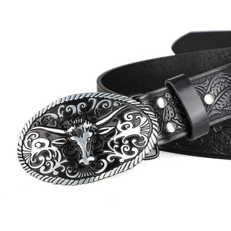 Vue detaiille Ceinture Western Tête de Mort « Longhorn Gravure Noire »