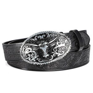 Vue de Face Ceinture Western Tête de Mort « Longhorn Gravure Noire »