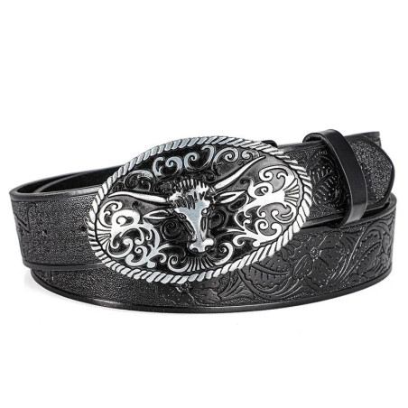 Vue de Face Ceinture Western Tête de Mort « Longhorn Gravure Noire »