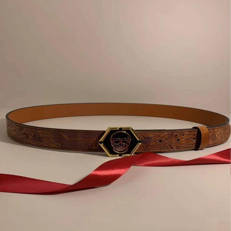 Ceinture Tête de Mort Élégante « Hexagone du Crâne Royal » Couleur Camel