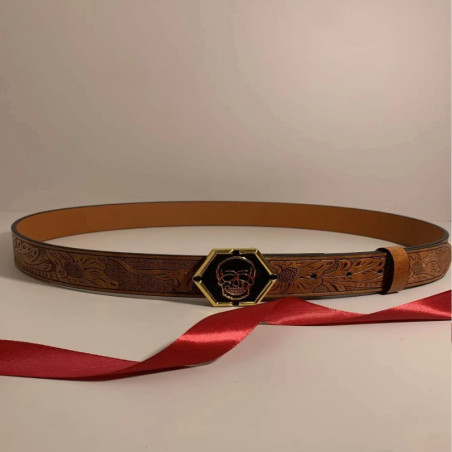 Ceinture Tête de Mort Élégante « Hexagone du Crâne Royal » Couleur Camel