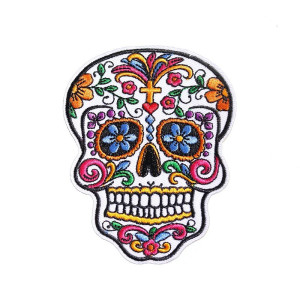 Vue generale Écusson Tête de Mort Calavera Mexicaine Brodée "Dia de los Muertos" -  10 xm x 7.5 cm