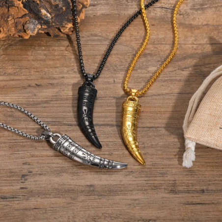 Collier Viking Loup "Croc du Vegvísir Nordique" - 3 couleurs au choix !
