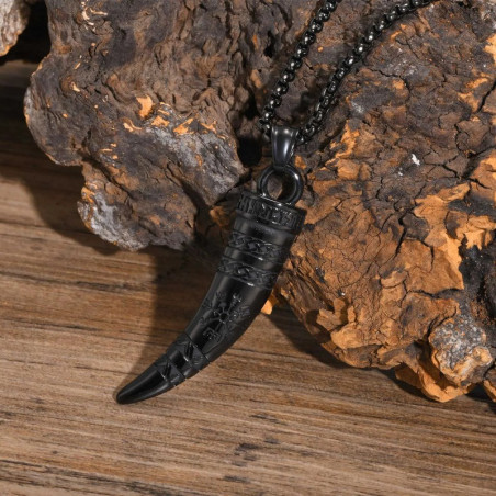 Collier Viking Loup "Croc du Vegvísir Nordique" Couleur Noir