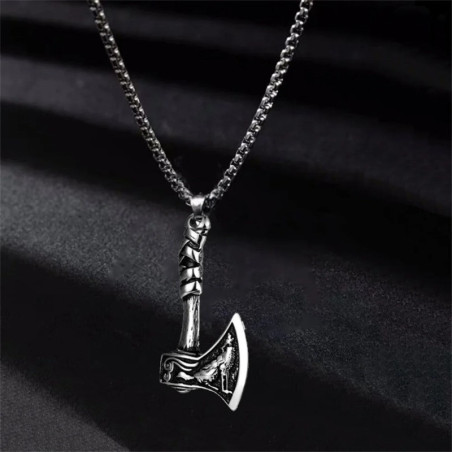 Vue de Face Collier Viking Loup - Hache du Ragnarök
