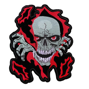 Écusson Tête de Mort Zombie Déchirant le Tissu aux Yeux Rouges - 29x24cm