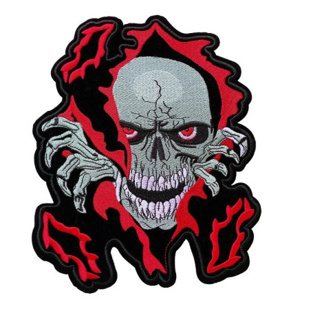 Écusson Tête de Mort Zombie Déchirant le Tissu aux Yeux Rouges - 29x24cm