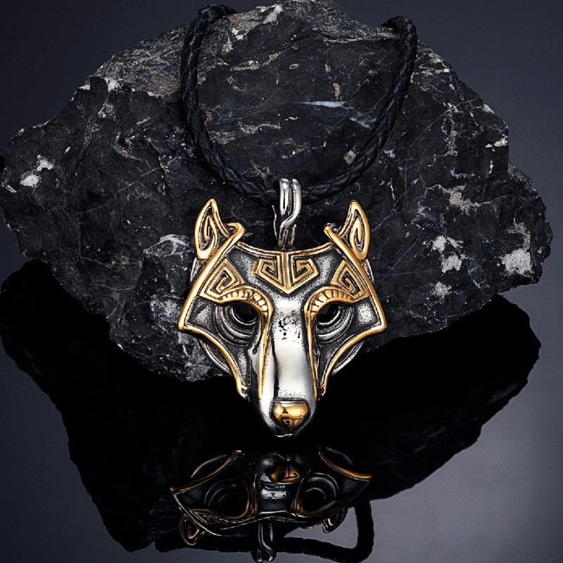 Collier Viking Loup Fenrir "Pendentif Nordique Runique" Modele 1 Couleur Or