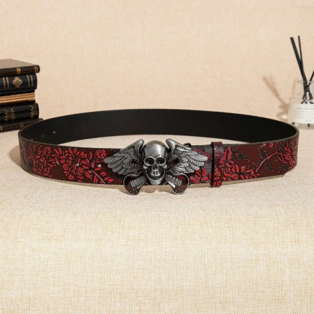 Vue de Face Ceinture Tête de Mort Rock « Ailes Électriques du Crâne Rouge »