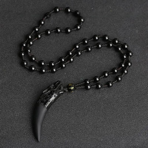 Collier Tête de Loup en Obsidienne « Croc des Ténèbres » Couleur Noir