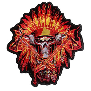 Écusson Tête de Mort Guerrier Indien Apache : Coiffe de Plumes et Tomahawks - 32x29cm